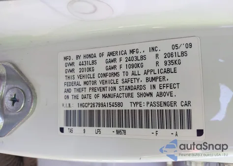 2009 Honda Accord 2.4 Ex z USA, uszkodzony, nr VIN 1HGCP26799A154580